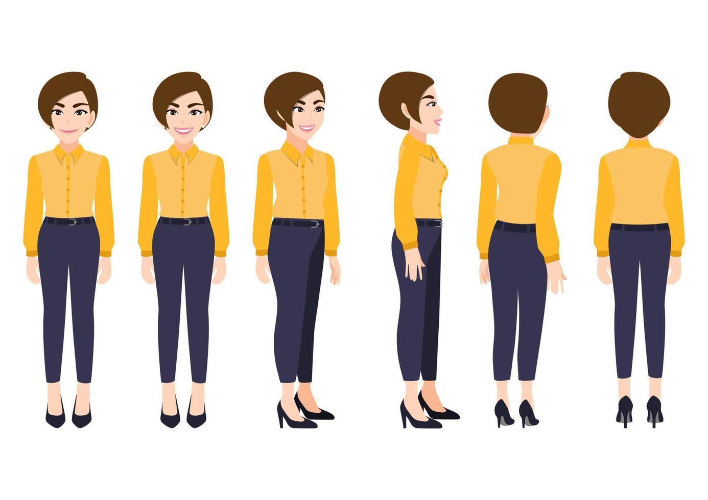 seriefigur med affärskvinna i smart skjorta för animering. framsida, sida, baksida, 3-4 vykaraktär. platt vektorillustration. vektor