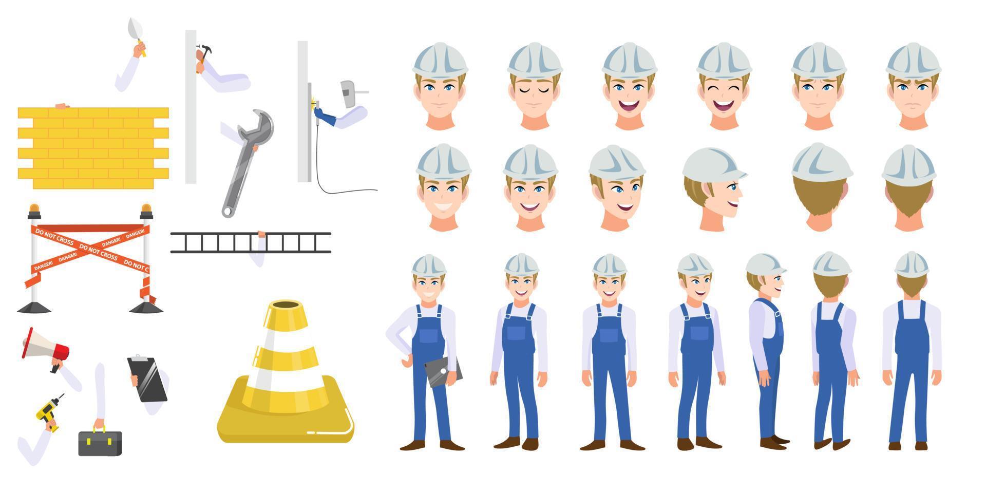 byggnad byggnadsarbetare seriefigur headset och animation. fram, sida, baksida, animerad karaktär med 3-4 vyer. platt ikon vektorillustration vektor