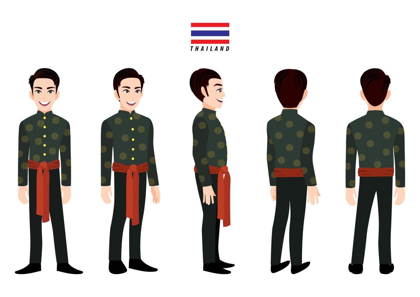 thailands hane i traditionell kostym för animation. framsida, sida, baksida, 3-4 vykaraktär. seriefigur platt vektor