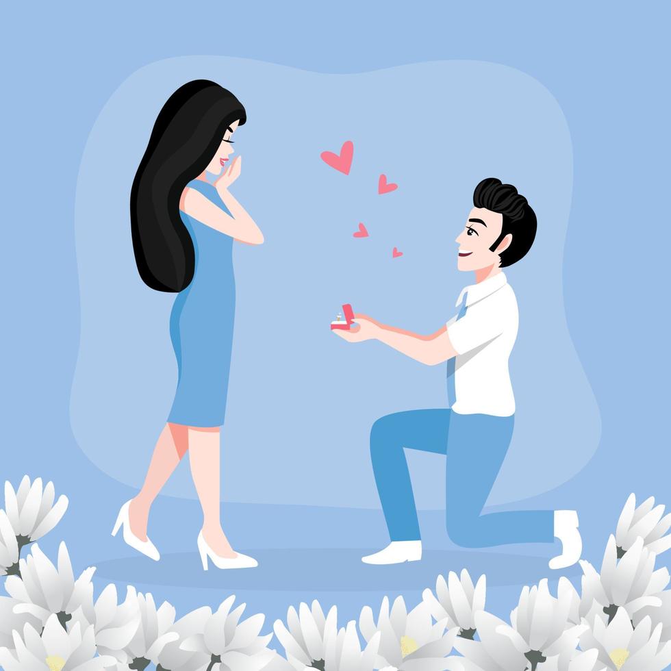 Valentinstag-Zeichentrickfigur mit einem süßen verliebten Paar, Mann, der der knienden Frau einen Heiratsantrag macht Vektorillustration 312 vektor