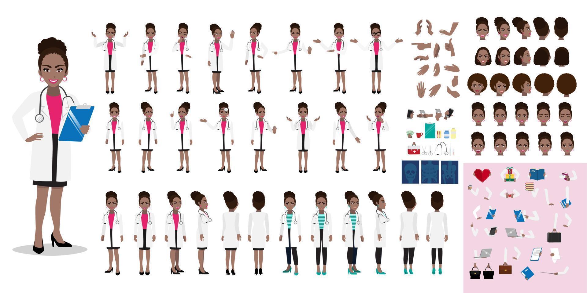kvinnlig läkare seriefigurer, amerikansk afrikansk dam läkare i olika uniform och poser, medicinsk personal eller sjukhuspersonal. läkare tecknad diy kit på en vit bakgrund vektor