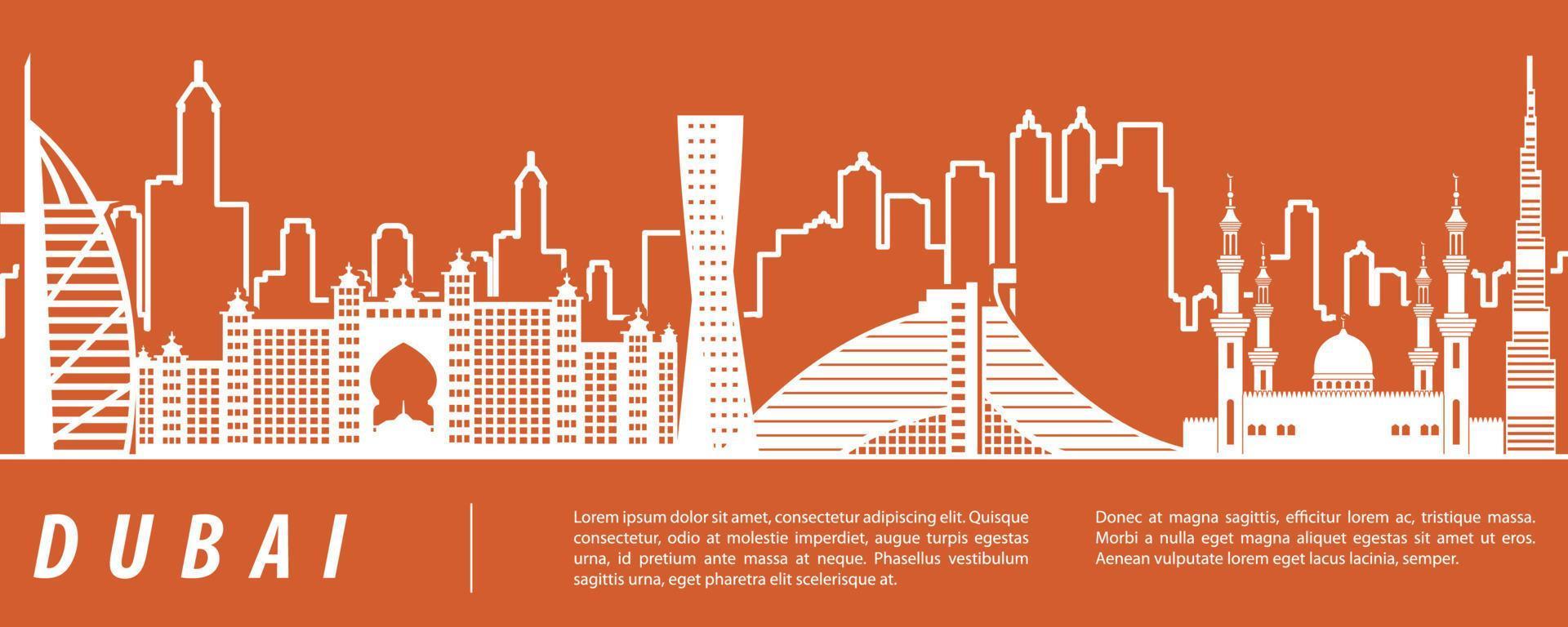 Dubai berömda landmärke siluett med orange och vit färg design vektor