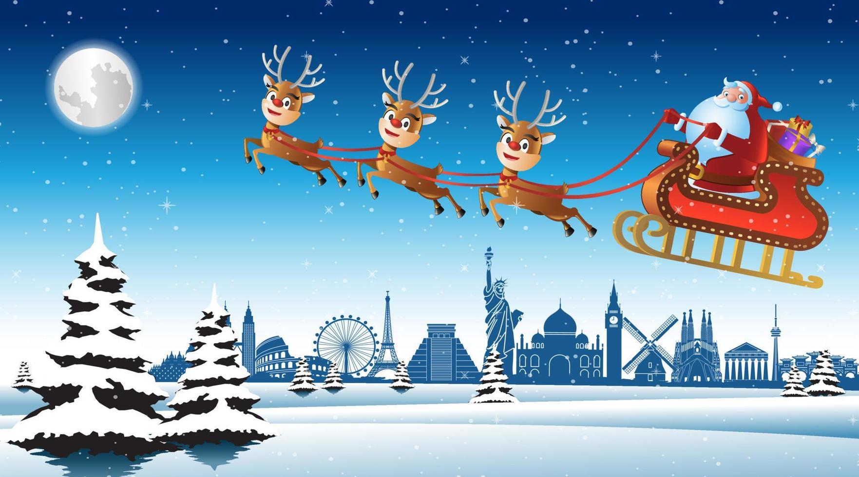 Jultomten åker släde med rådjur flyger över landmärken i världen för att skicka en present till alla vektor