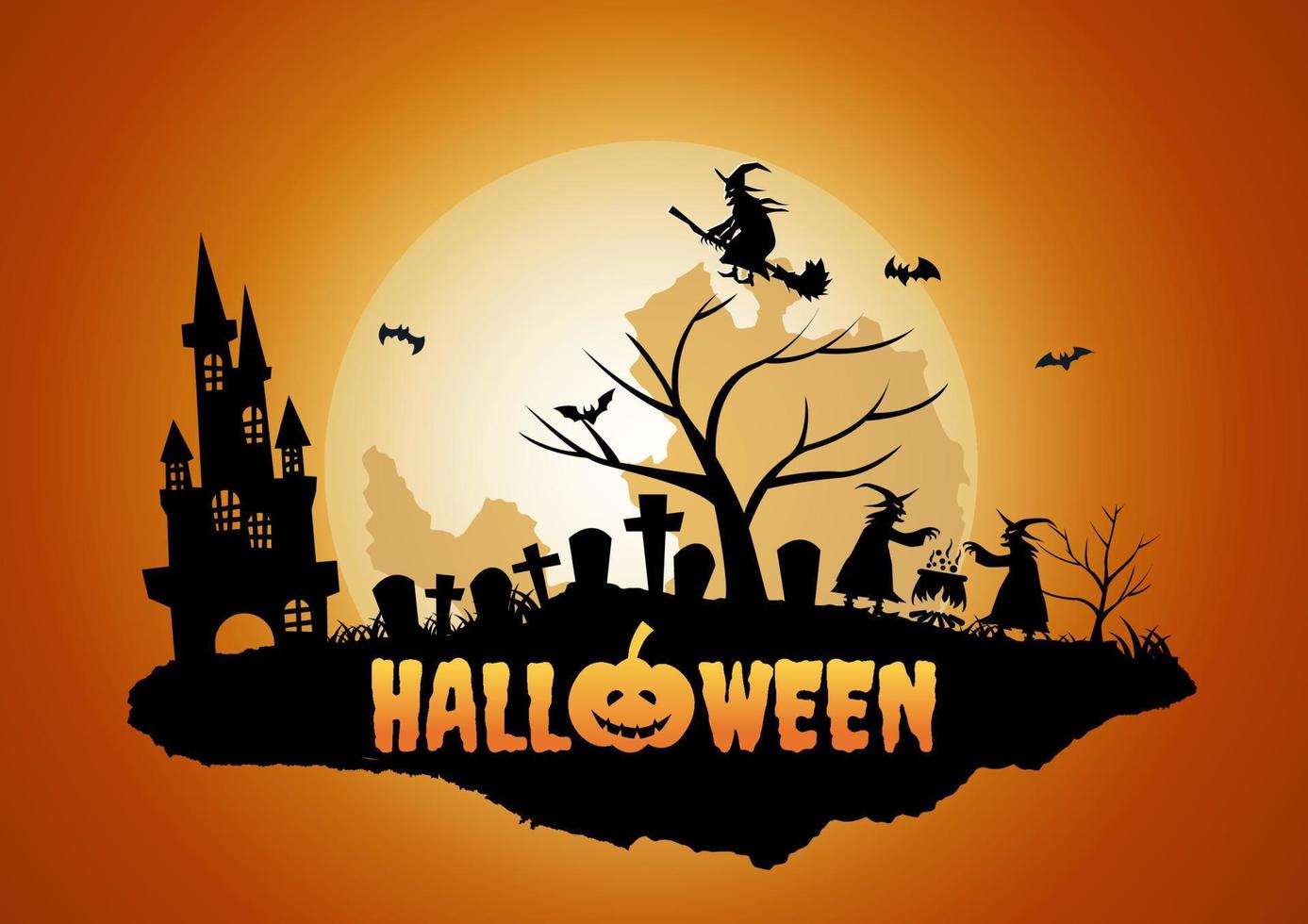 halloween bakgrund med flytande ö av kyrkogård och spöke vektor