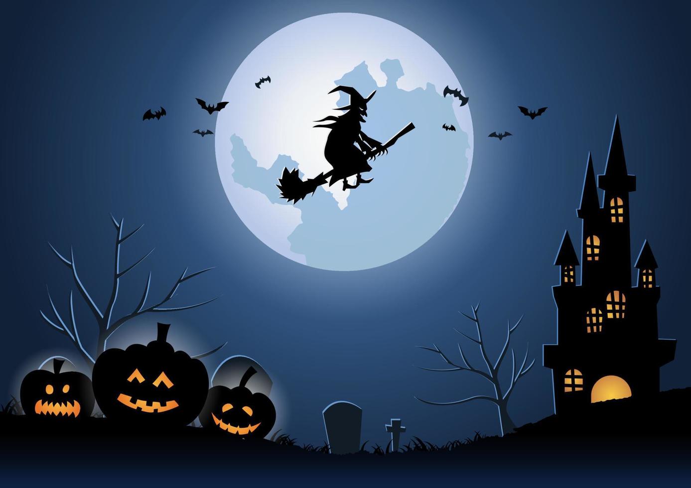 halloween bakgrund med häxan flyga av magiska kvast vid midnatt vektor