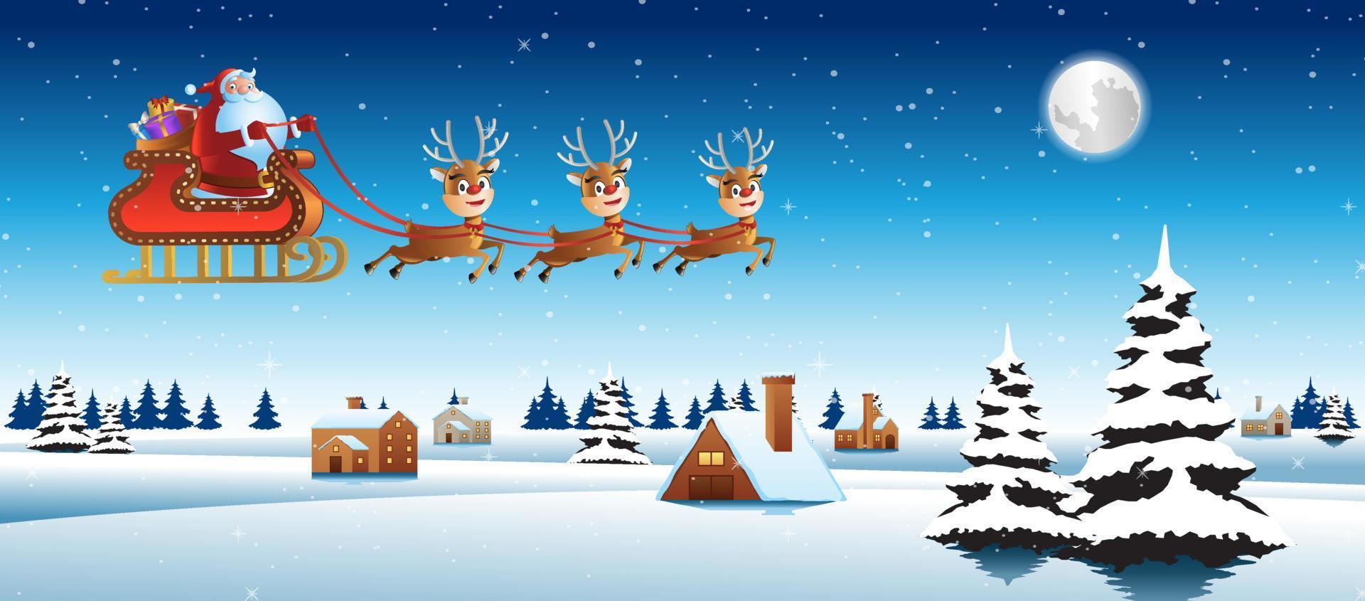 der weihnachtsmann fährt mit dem hirsch schlitten über das dorf, um allen geschenke zu schicken vektor