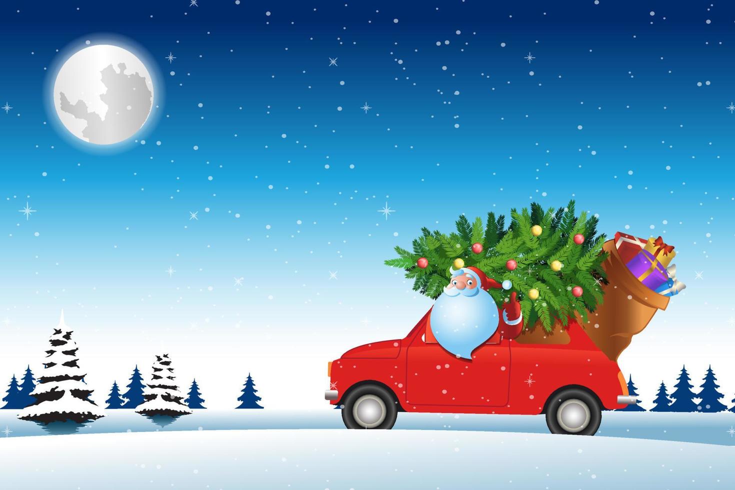 weihnachtsmann fährt rotes auto über schnee mit weihnachtsbaum, um geschenke an alle zu schicken vektor