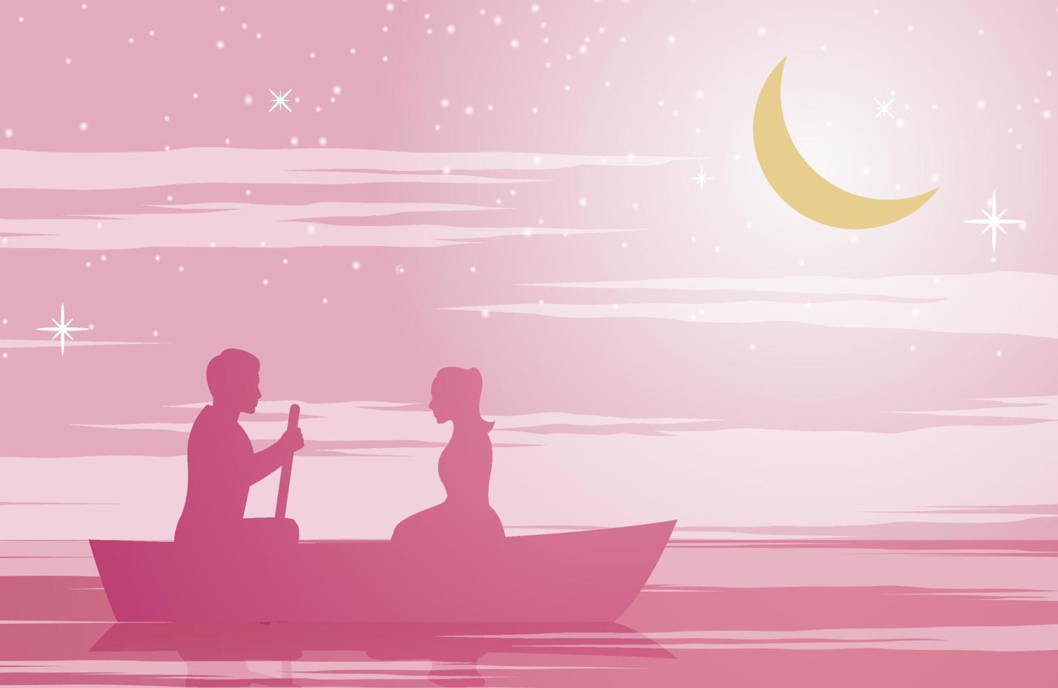 par sitter på båten. rosa färgton med siluettdesign vektor