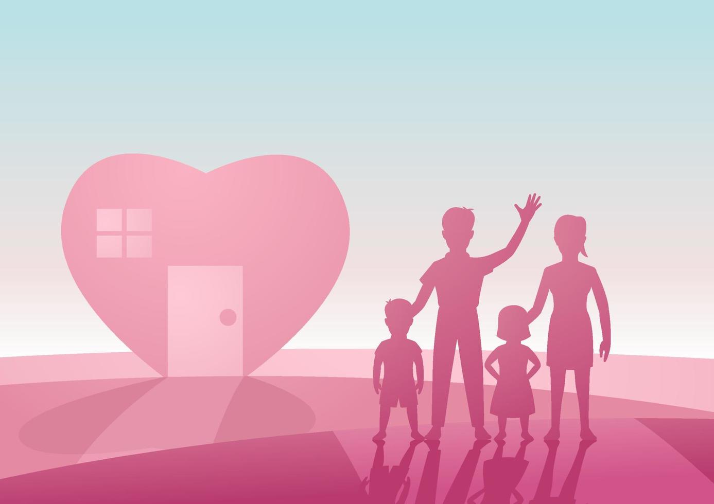 Konzeptkunst einer liebenswerten und glücklichen Familie mit herzförmigem Haus in rosa und schwarzer Farbe von Silhouette Design vektor