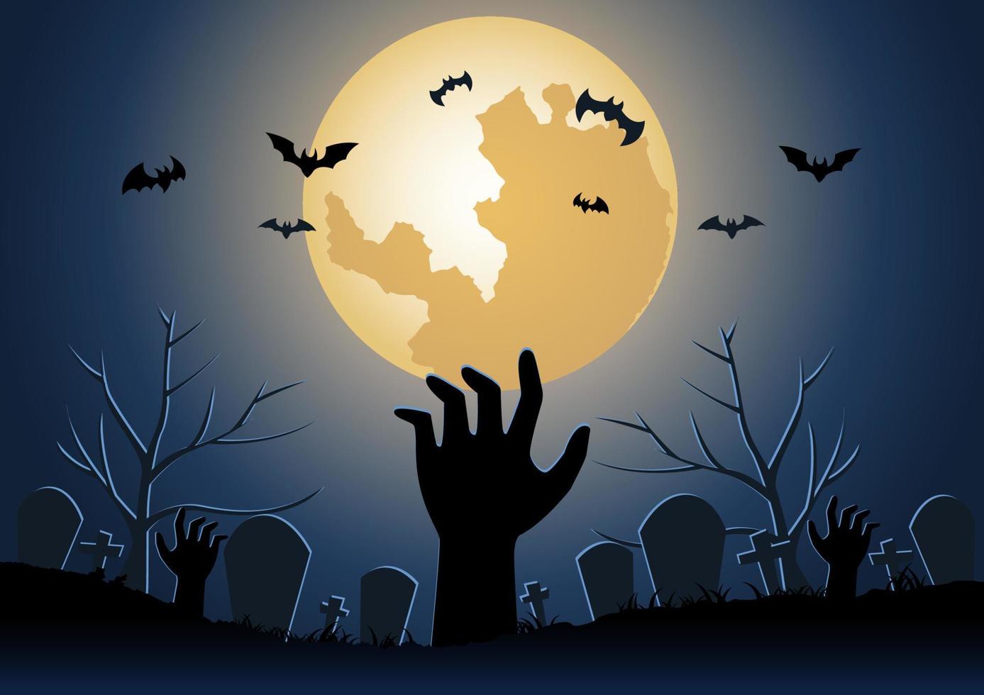 halloween bakgrund med zombie hand höjning från underjorden på halloween natt vektor