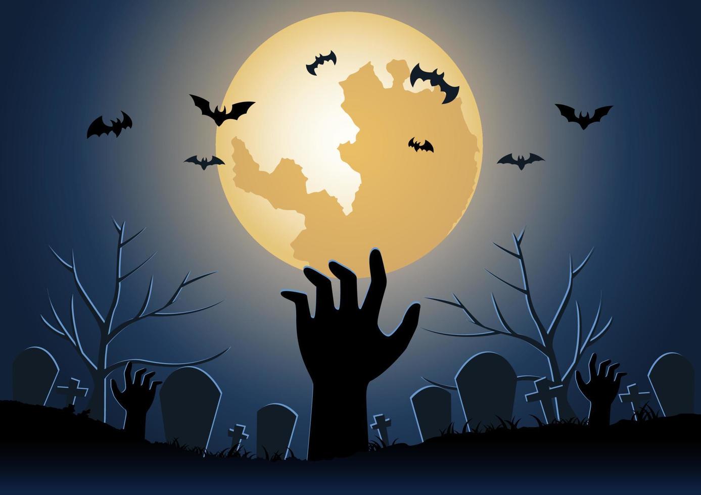 Halloween-Hintergrund mit Zombie-Handheben aus der Unterwelt in der Halloween-Nacht vektor