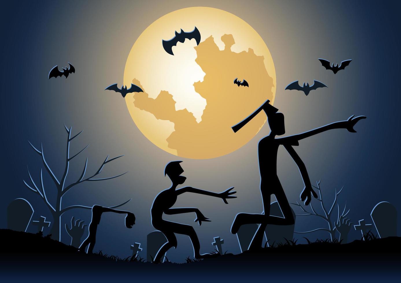 halloween bakgrund med zombie promenad på kyrkogården vid midnatt vektor