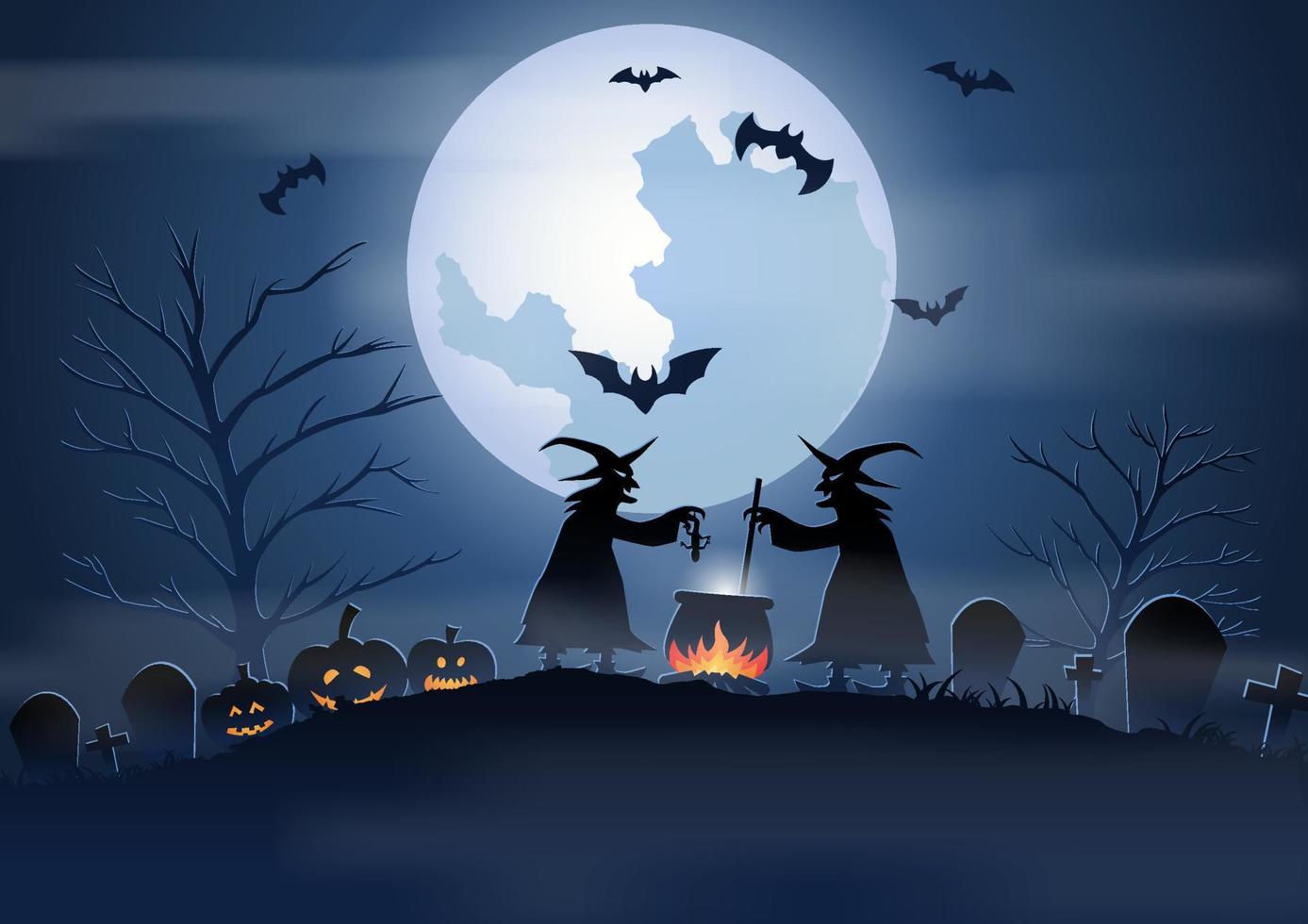 Halloween-Hintergrund mit Friedhofsszene und den Hexen in der Halloween-Nacht vektor