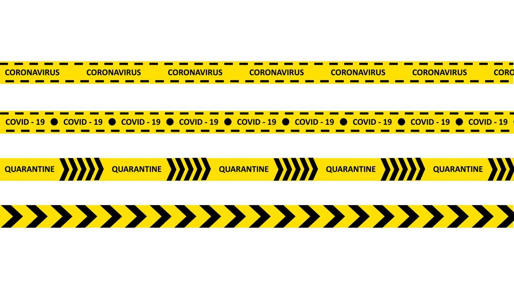 Gelbe Streifen des Coronavirus. Gefahrenbandsymbole Vektorillustration. Vorsichtslinie vektor