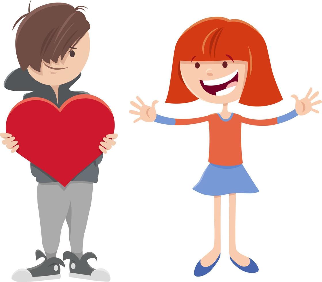 Valentinskarten-Cartoon mit Mädchen- und Jungencharakteren vektor