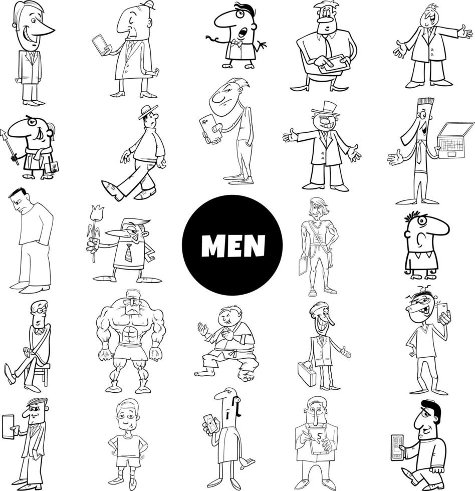 schwarze und weiße lustige Cartoon-Männer-Charaktere große Sammlung vektor