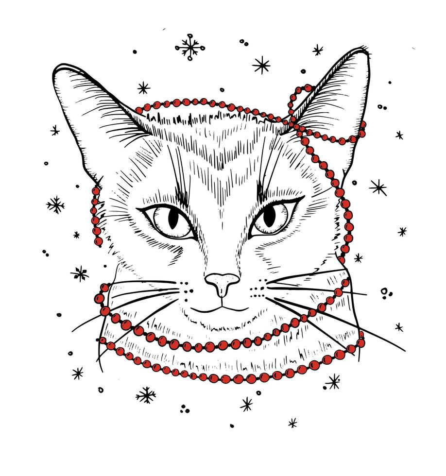 handgezeichnetes Porträt einer Katze mit Girlande. vektorillustration lokalisiert auf weiß vektor