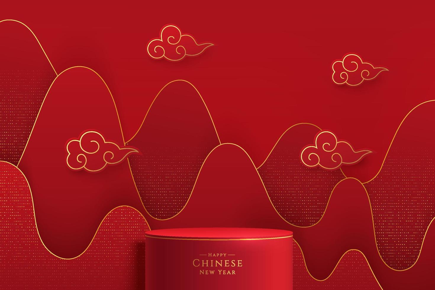realistisches dunkelrotes und goldenes 3d-zylinderständerpodium mit roten chinesischen elementen. minimale szene für produktpräsentation, werbeanzeige. abstrakte studioraumplattform. frohes chinesisches neujahrskonzept. vektor