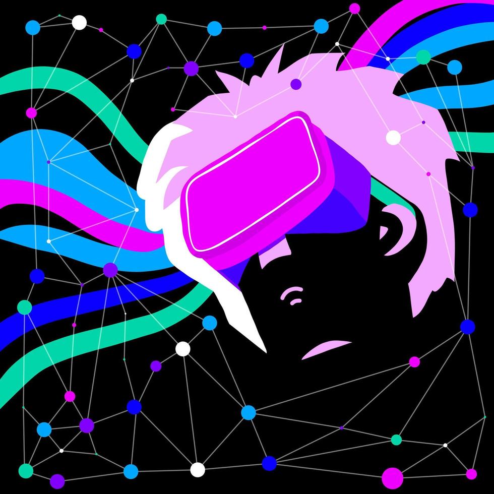 Neon futuristische menschliche Kopfkunst mit vollständig immersivem Virtual-Reality-Headset. VR-Brille, Augmented Reality. vektor