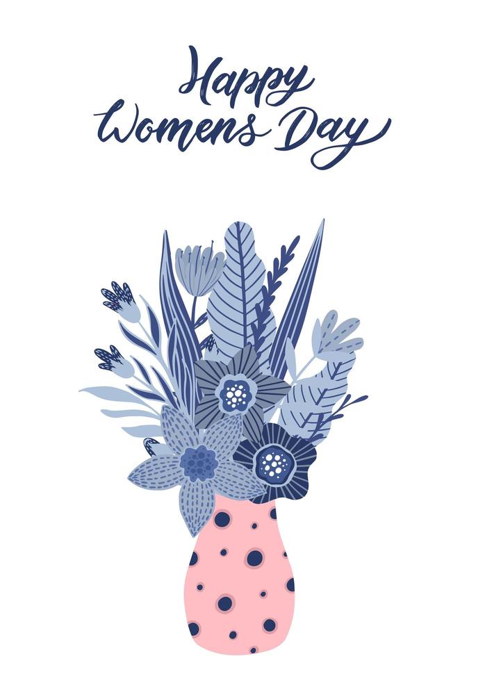 Happy Women's Day 8. März süße Karte für die Frühlingsferien. Vektorillustration eines Datums, einer Frau und eines Blumenstraußes. vektor
