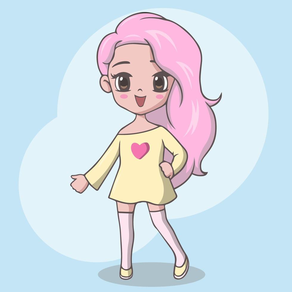 süßes kleines mädchen mit rosa langen haaren posiert vektor