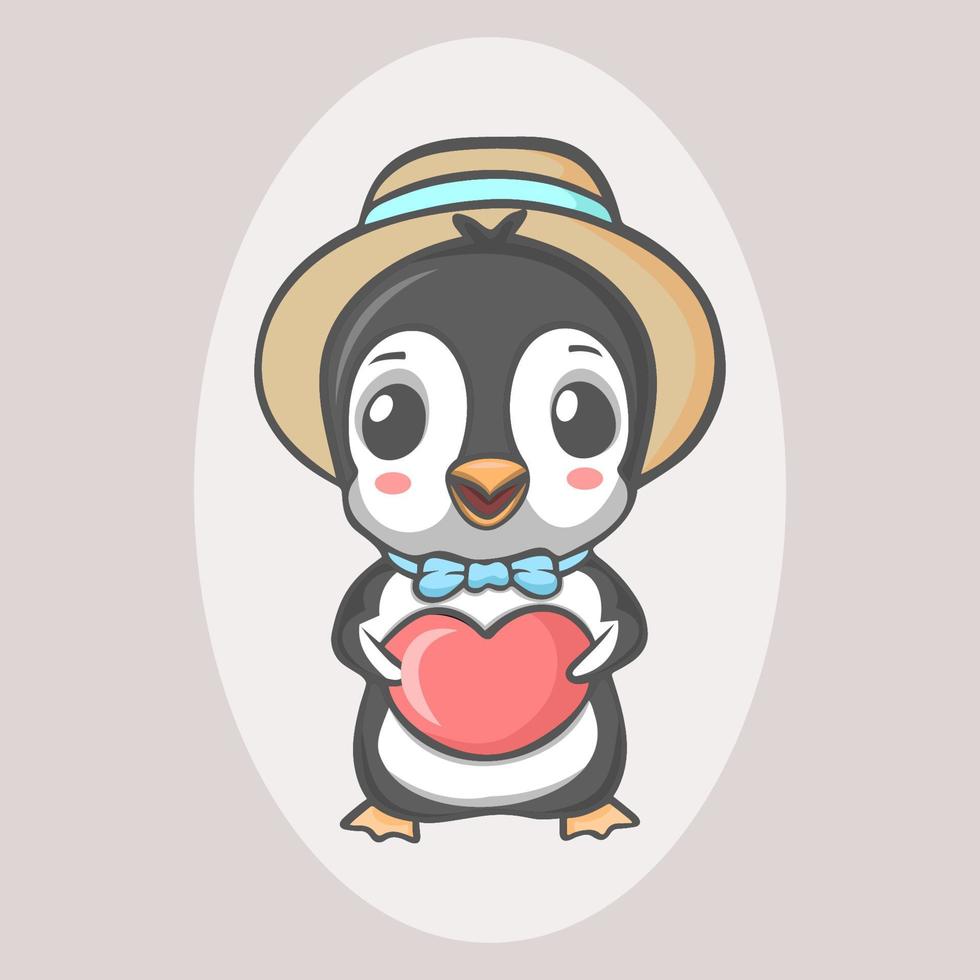 niedlicher kawaii pinguin, der rotes herz hält vektor