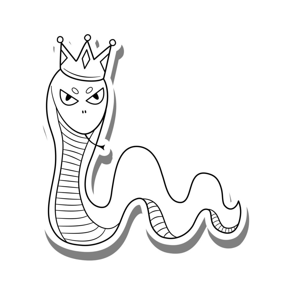 ritning svart linje orm kung bär en krona på vit siluett och grå skugga. målarbilder för barn eller intresserade. vektor illustration om djur.