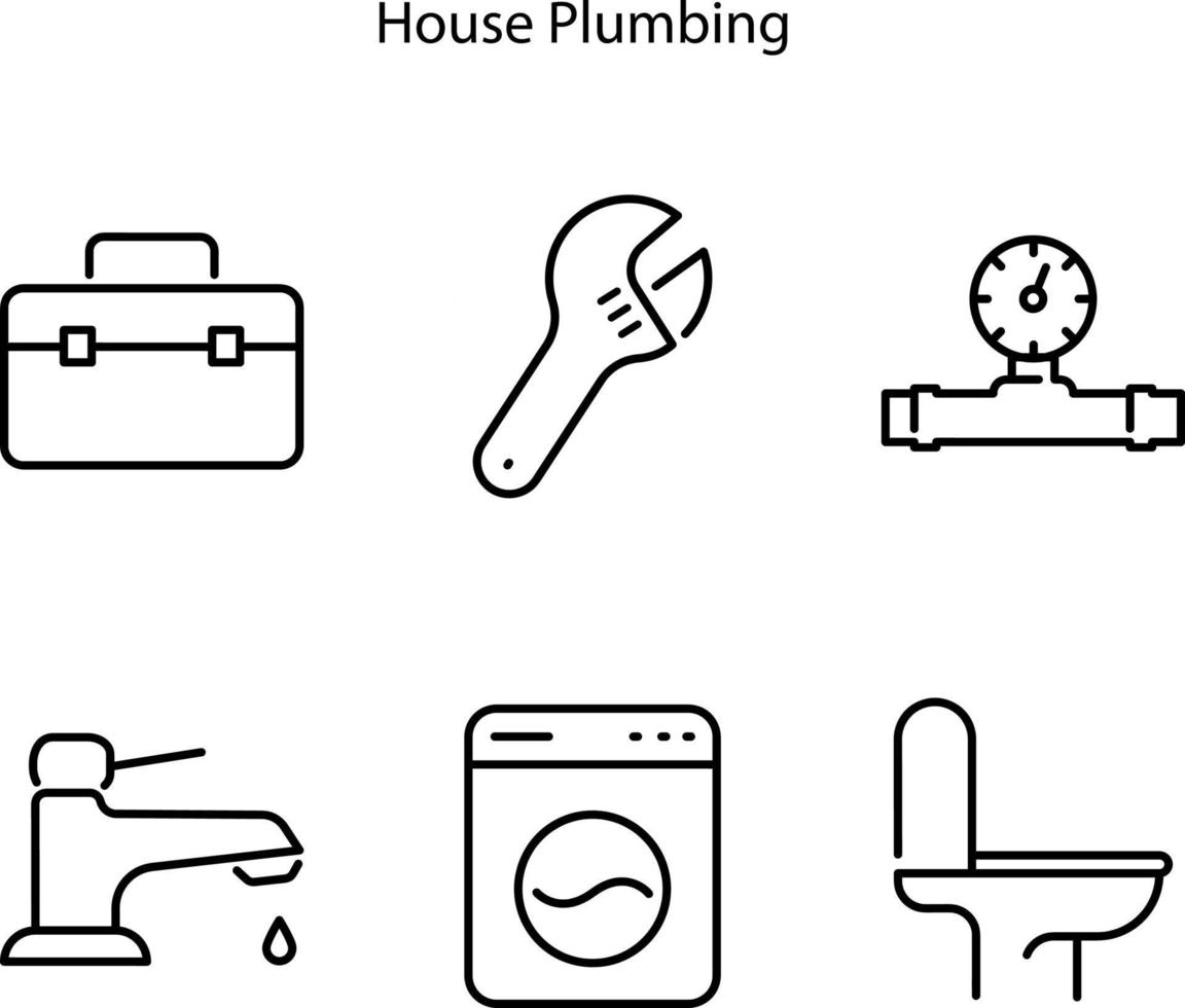 VVS linje ikoner set. badrör, vatten, toalettavlopp, kran. tunn ikonsamling för hushållsservice, badrum, hemreparationsbutik, rörmokarjobb och verktyg vektor