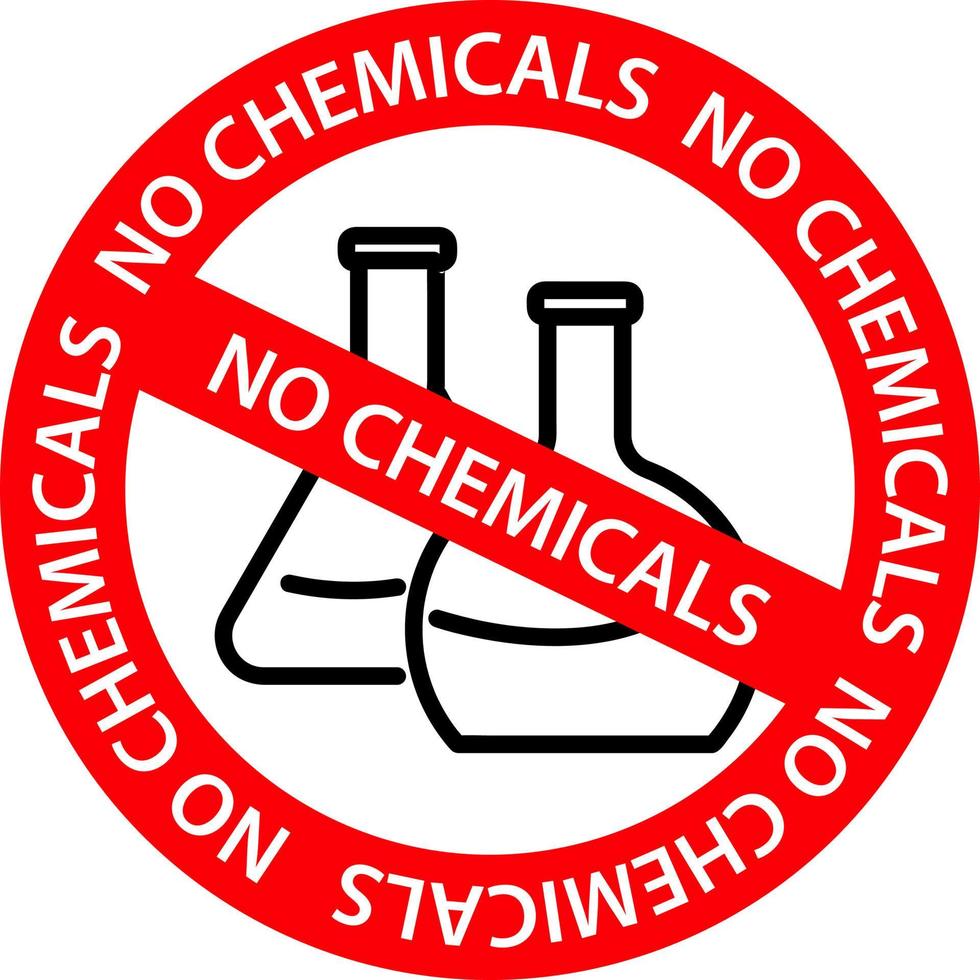 vektor inga kemikalier ikon och grunge rund stämpel sigill utan kemikalier bildtext. platt inga kemikalier ikonen är isolerad på en vit bakgrund. inga kemikalier stämpel sigill använder röd färg.