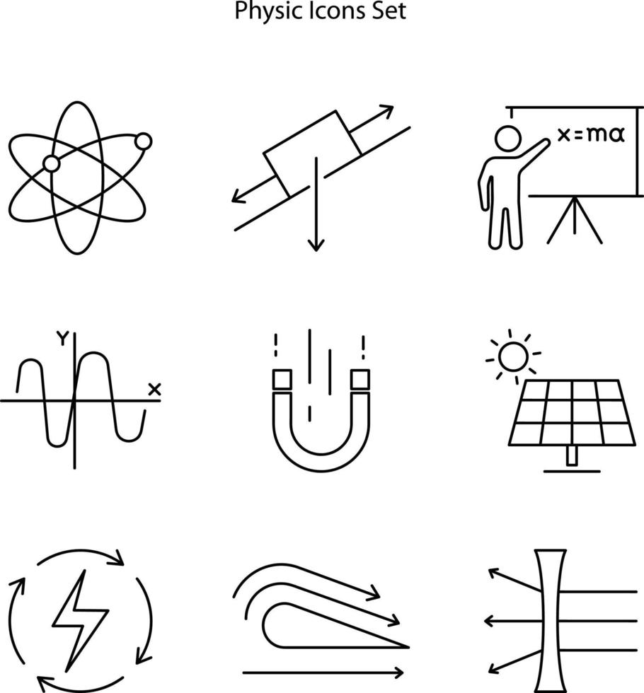 Physik-Icon-Set isoliert auf weißem Hintergrund. Physik-Symbol dünne Linie Umriss lineares Physik-Symbol für Logo, Web, App, ui. Physik-Symbol einfaches Zeichen. vektor