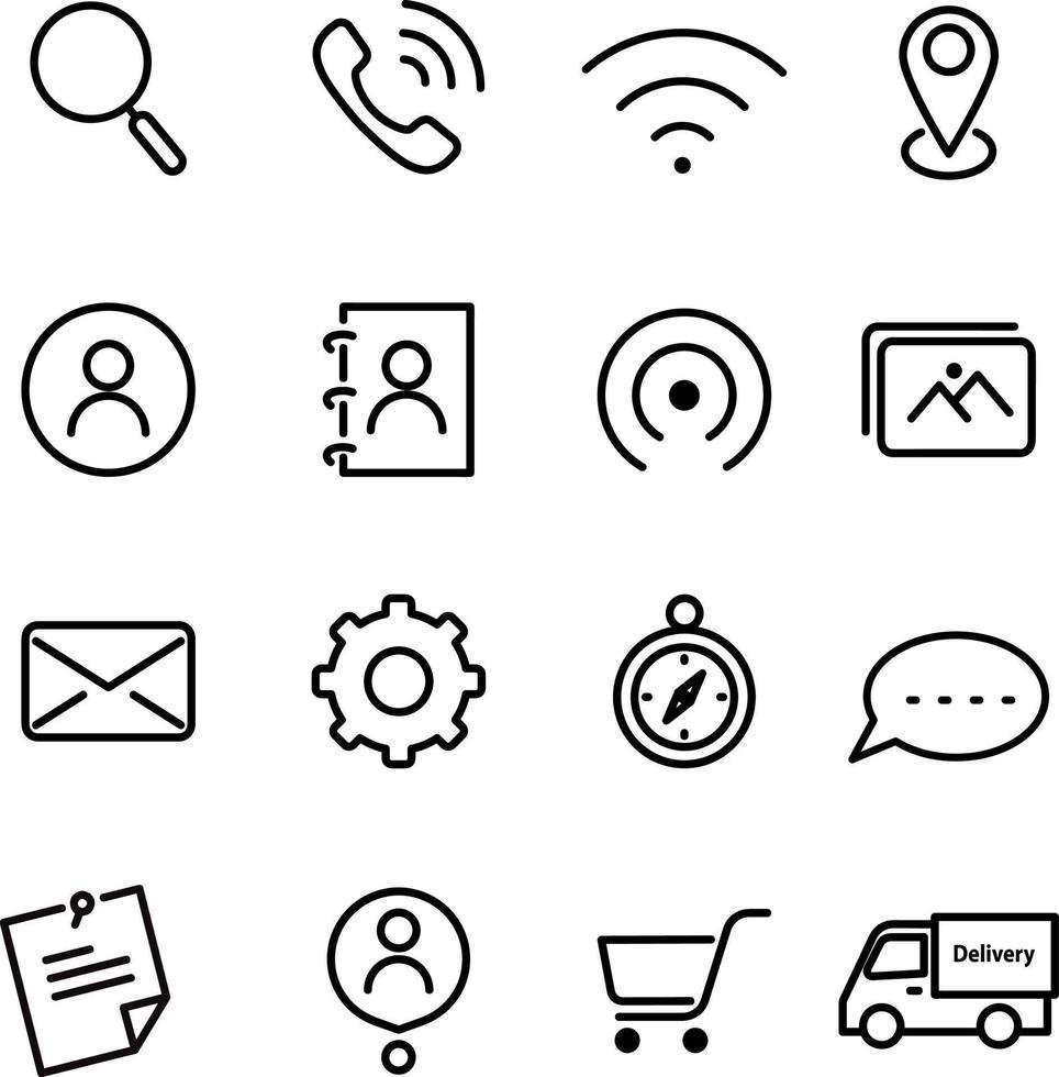 Symbolsatz. Suchsymbol, Telefon, E-Mail, Standort-Pin-Kontakt, Telefonbuch, Warenkorb, Chat, Ausrüstung, Navigation, LKW-Liefersymbol. Symbol isoliert auf weißem Hintergrund. vektor