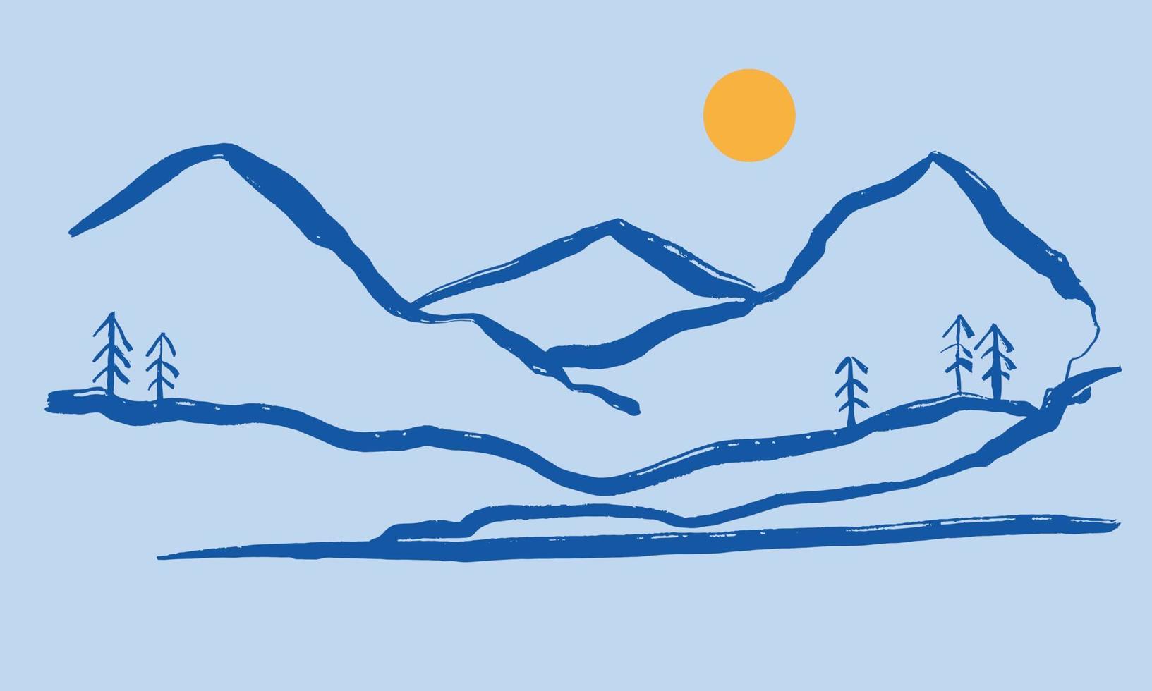 eine berglandschaft ist in einem einfachen pinselstrich im japanischen kalligrafiestil dargestellt. vektor
