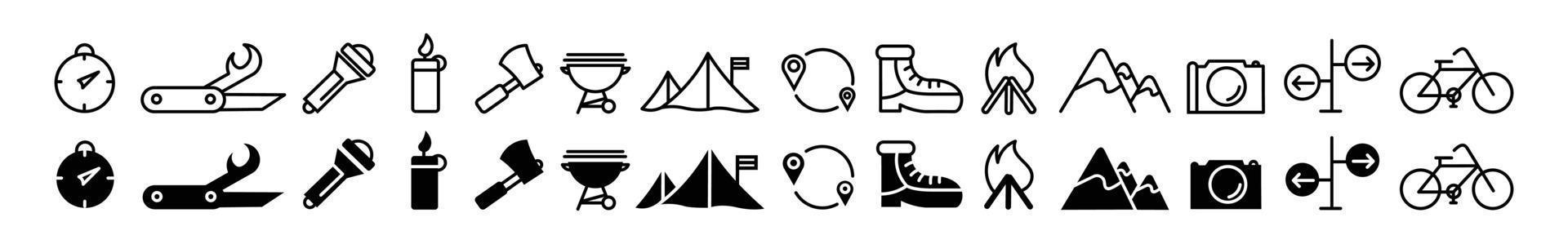vektor ikoner sommar camping vandring berg. brasa matchar grillmatlagning på en brasa
