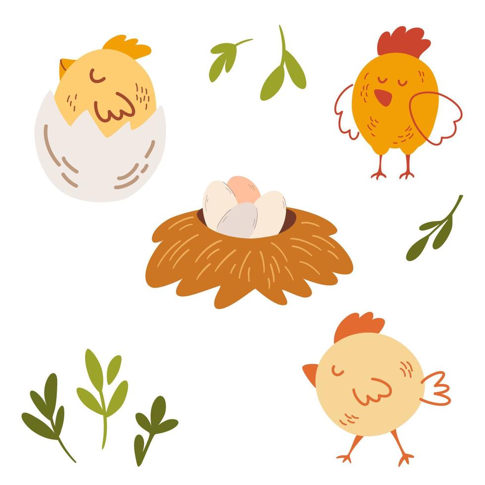 hühner und eier gesetzt. Huhn schlüpft aus dem Ei. Nest und Tablett mit Hühnereiern. Hühnerfarm. tierischer Charakter. Frohe Ostern. Cartoon-Vektor-Illustration isoliert. vektor