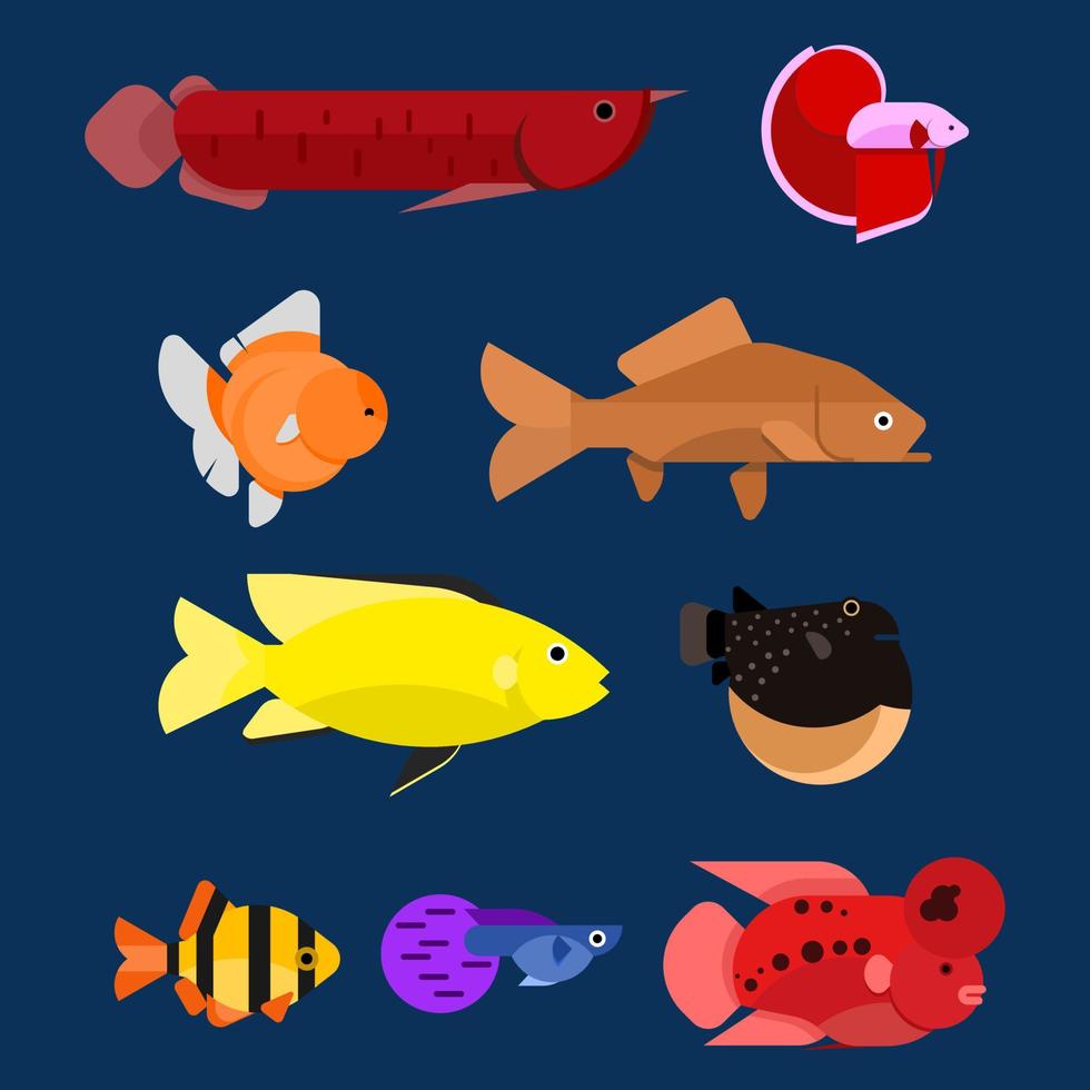 uppsättning färgglada fiskar tecknad vektor ikon platt illustration