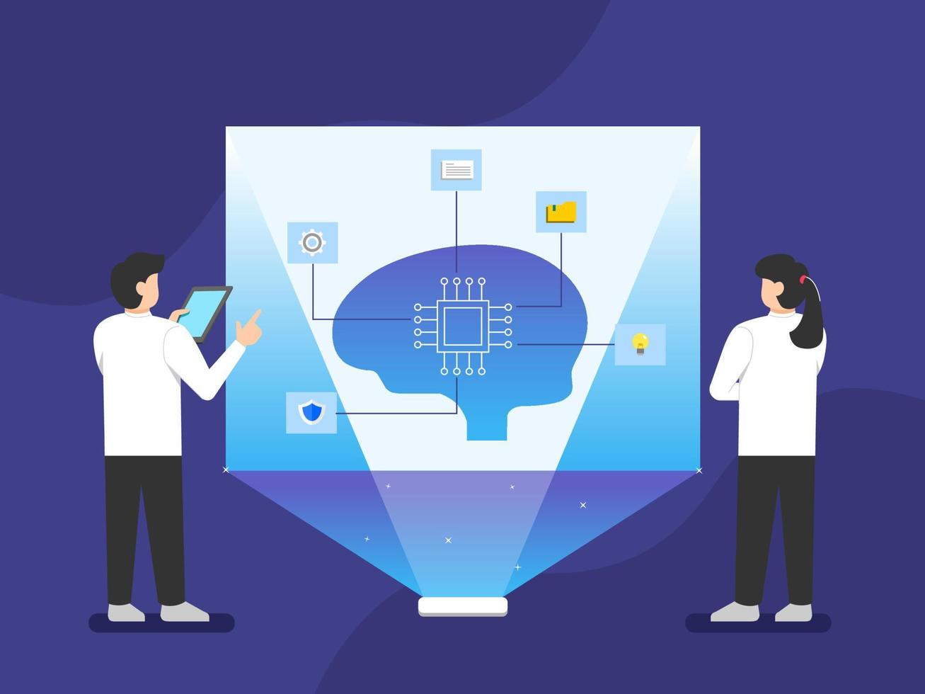 manliga och kvinnliga forskare diskuterar artificiell intelligens. framtida teknik vektor