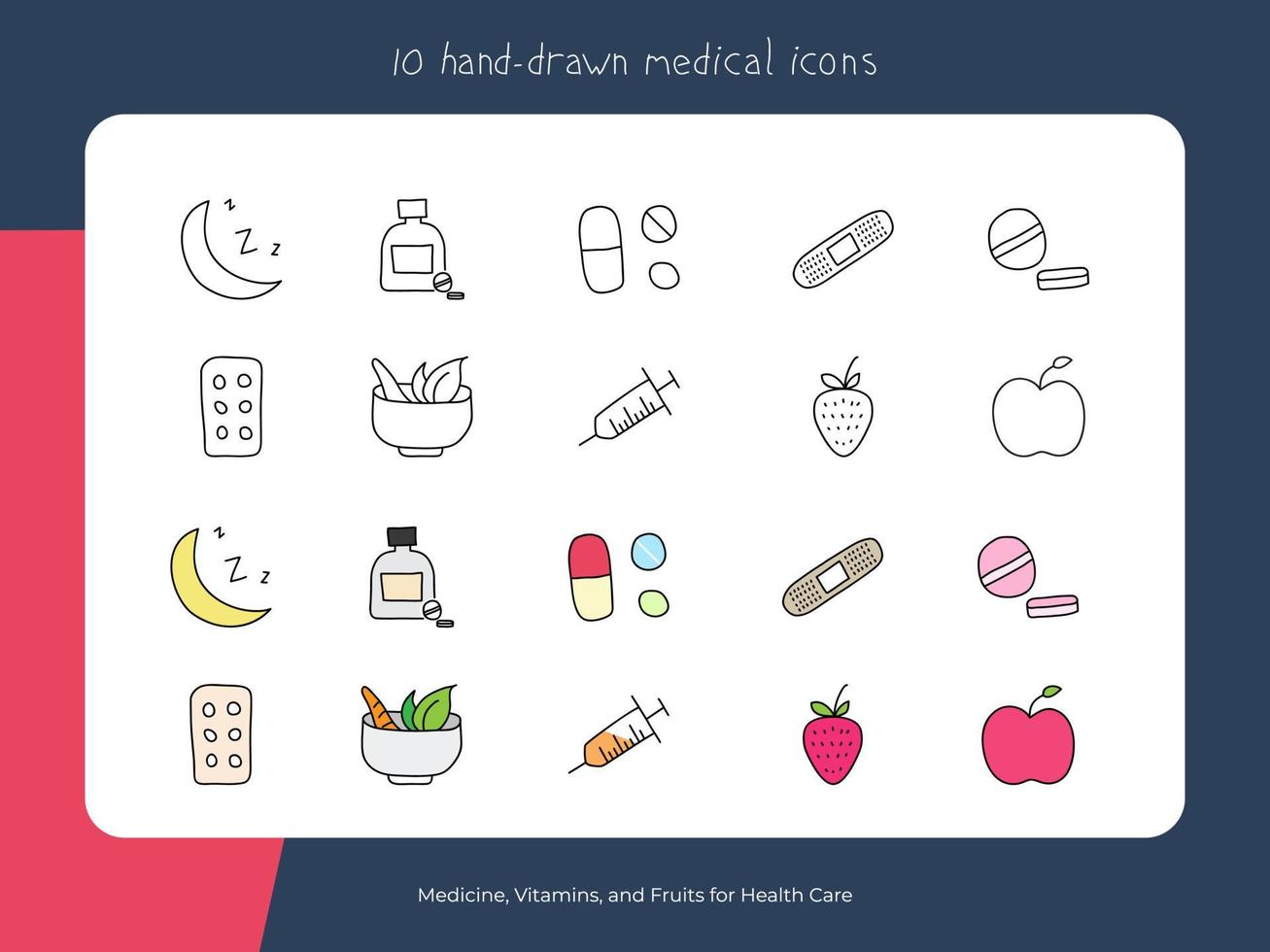 handritade medicinska icons.medicine, vitaminer, grönsaker och frukter för hälso- och sjukvård vektor