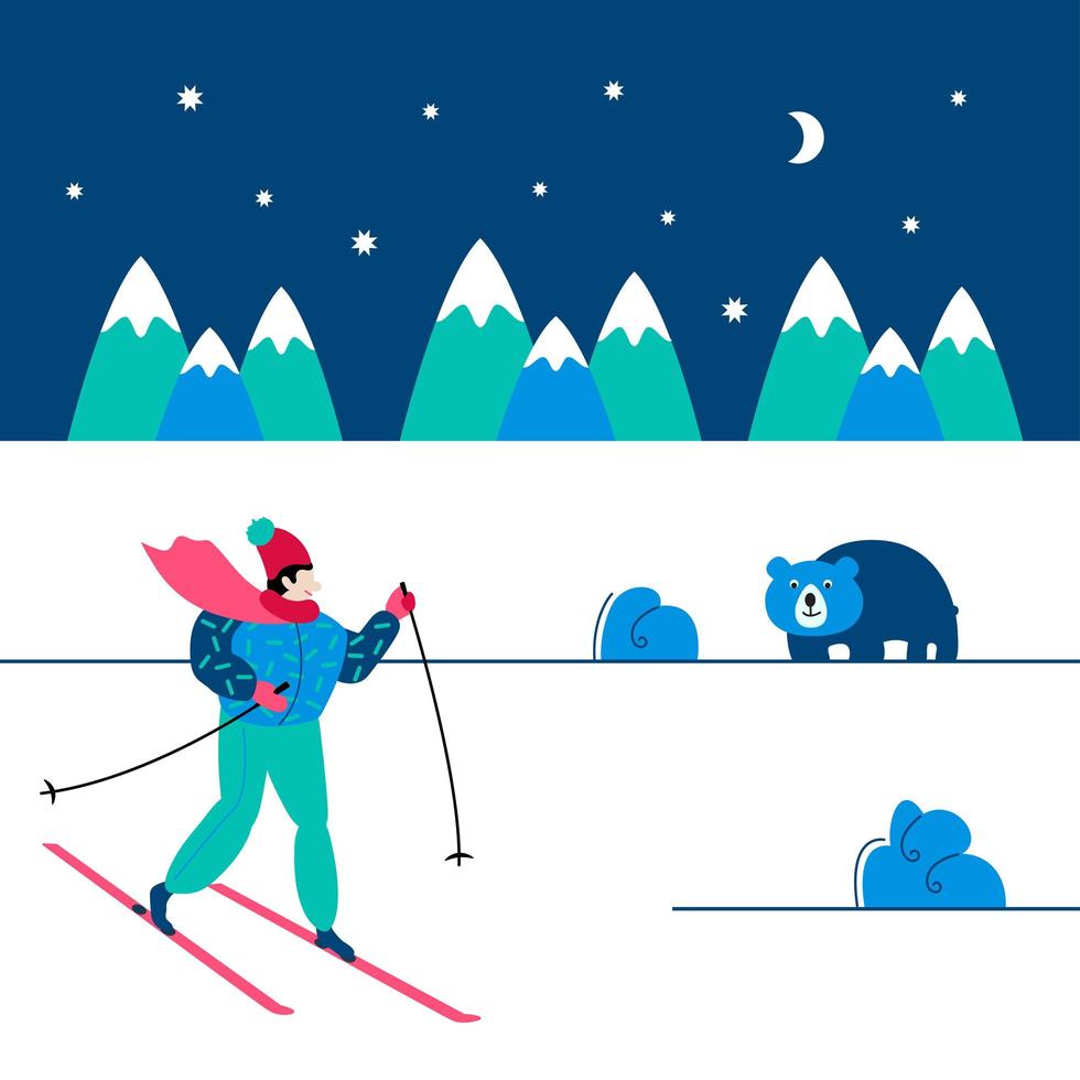 Wintersport Skifahren. Eine Person ist im Winter am Berghang Skifahrer. Berglandschaft mit Eisbärenhintergrund. flache, geometrische und minimalistische vektorkarikaturillustration vektor