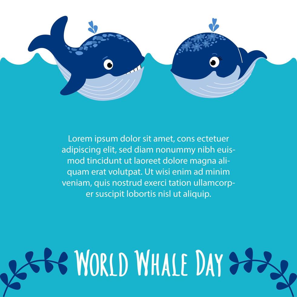 två söta valar i de blå havets vågor. World Whale Day bokstäver och utrymme för text. världen valar dag mall. skydd av marina däggdjur. platt vektor illustration för kort, affisch, banner, plakat