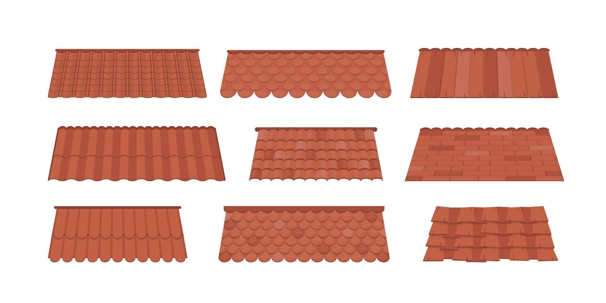 stor uppsättning tak för design av sommarstugor. brunt tegeltak isolerad på vit bakgrund. tecknad stil. vektor illustration.