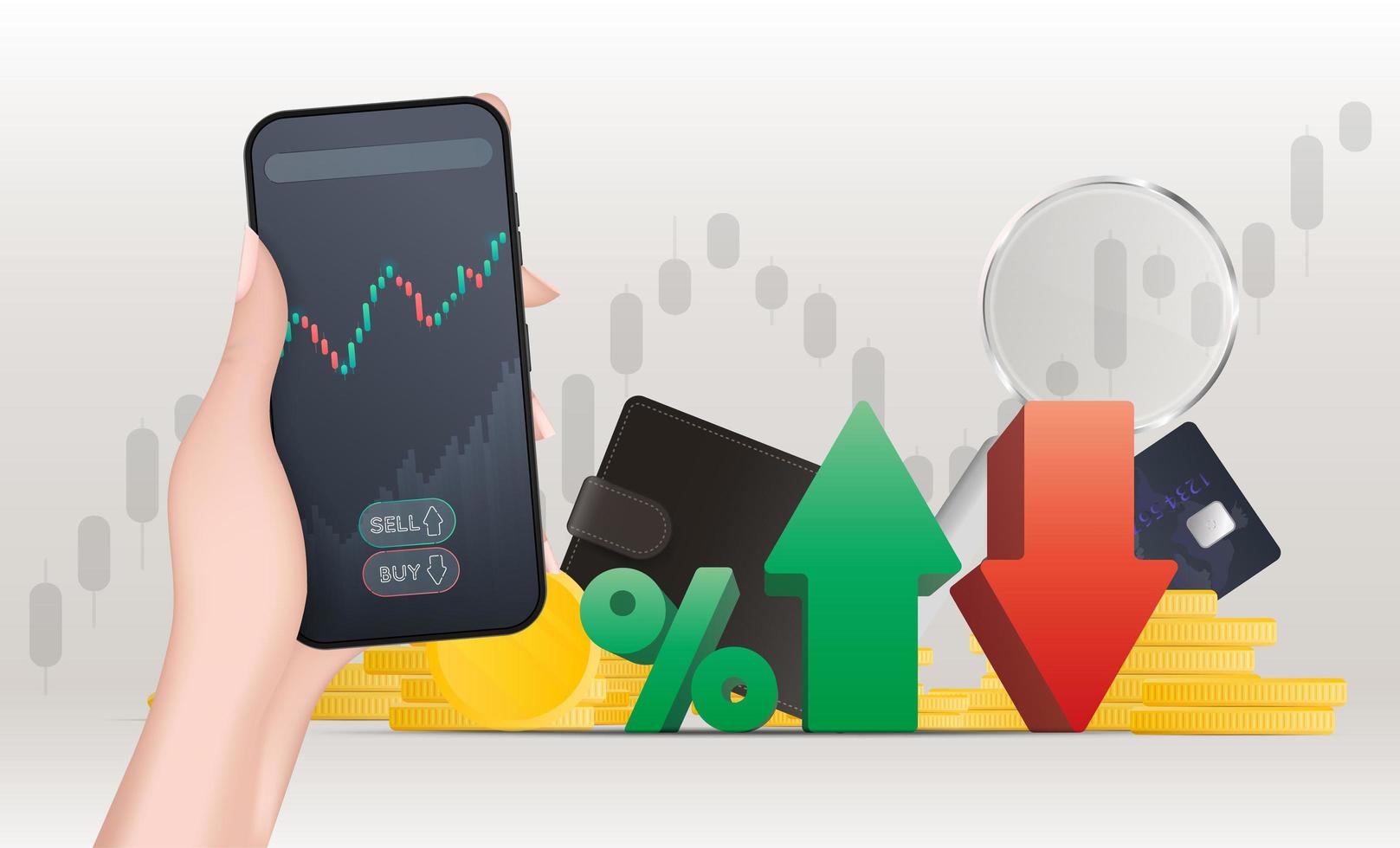 Eine Hand hält ein Telefon mit einem Wachstumsdiagramm. das Konzept des Handels an der Finanzbörse. Prozent mit Aufwärts- und Abwärtspfeilen. Vektor. vektor