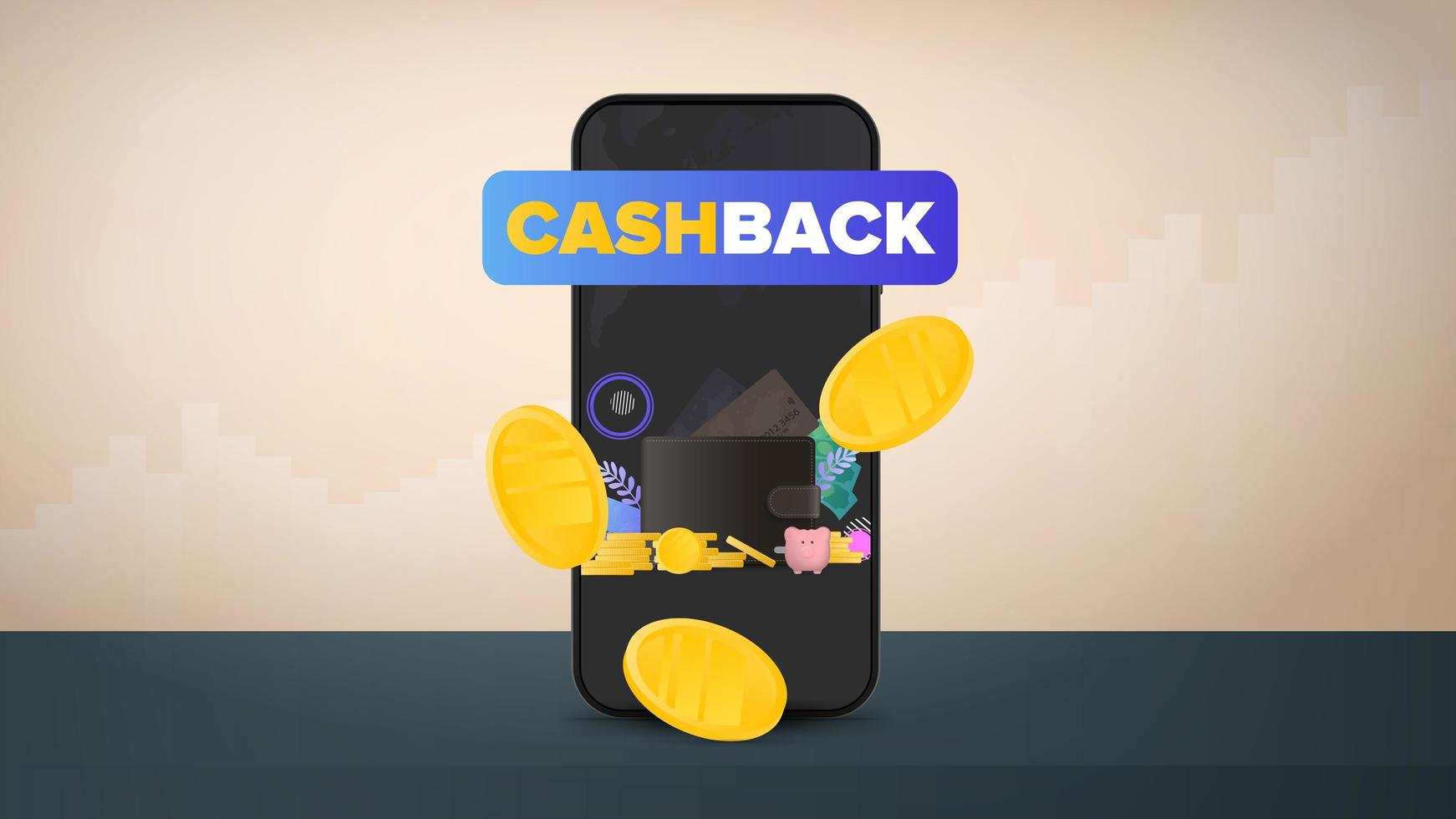 Cashback-Banner. Goldmünzen fallen in die Nähe des Telefons. das Konzept des Einkommens. Finanzdiagramm. Vektor