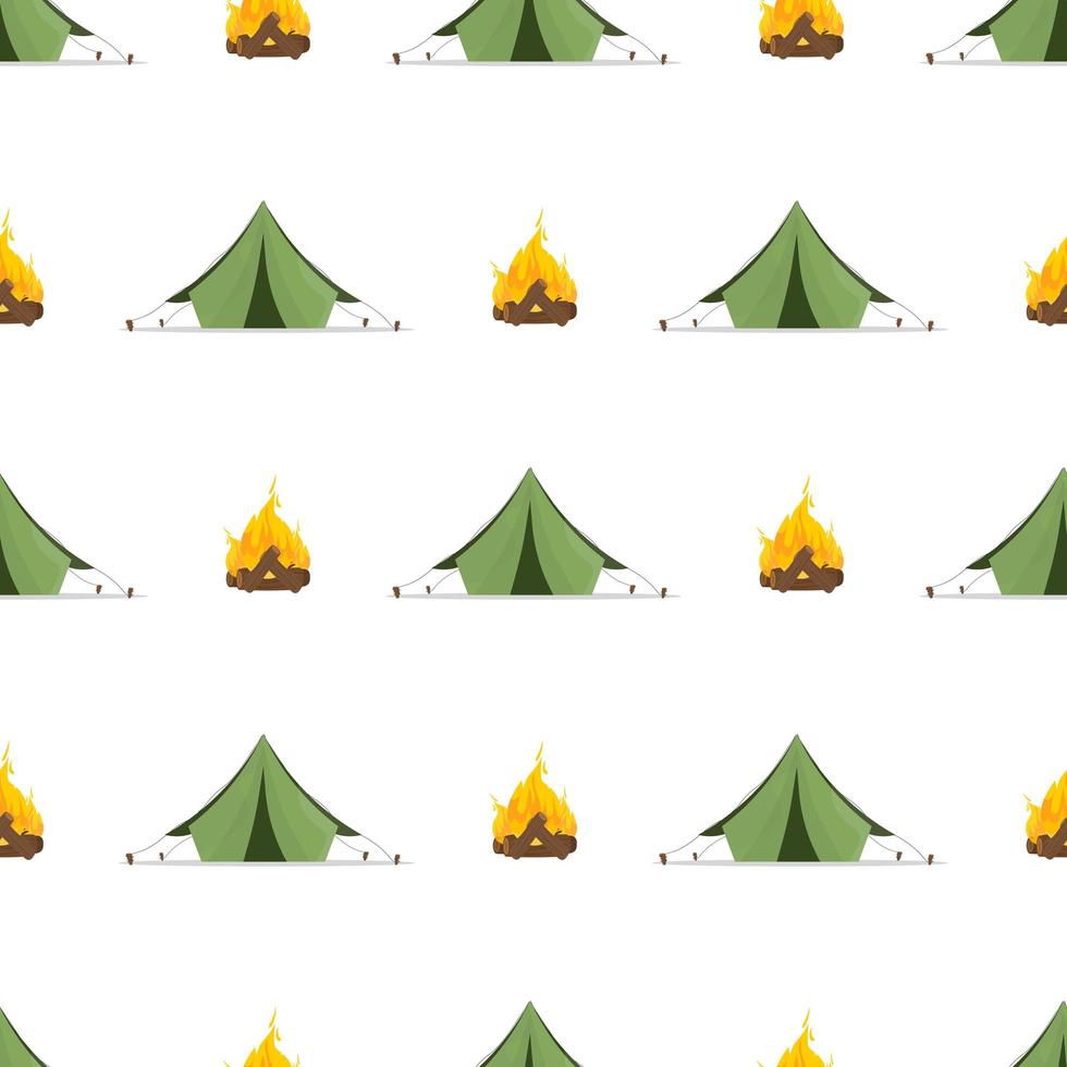 seamless mönster med grönt tält och brasa. bra på ämnet resor och camping. vektor. vektor