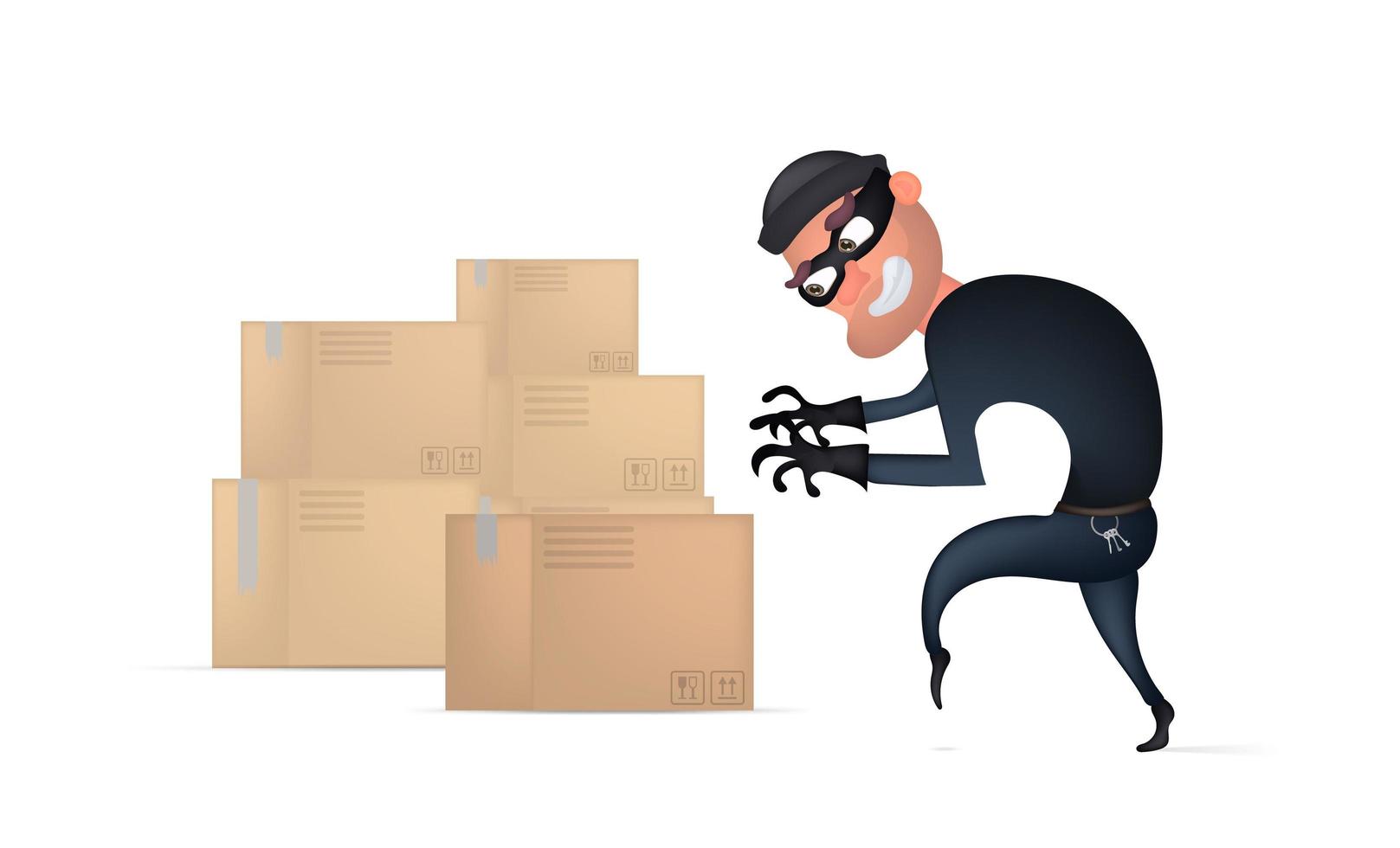 Diebarbeiter stiehlt Pakete im Postamt. maskierter Mann im schwarzen Anzug stahl Karton. Cartoon-Stil im flachen Design. Vektor-Illustration, isoliert. vektor