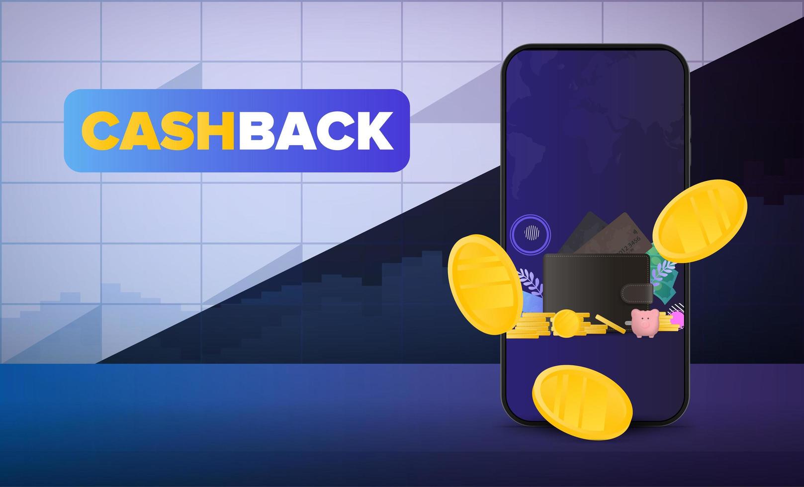 cashback banner. guldmynt faller nära telefonen. ansökan om återbetalning. komma ut med de finansiella diagrammen. vektor illustration.