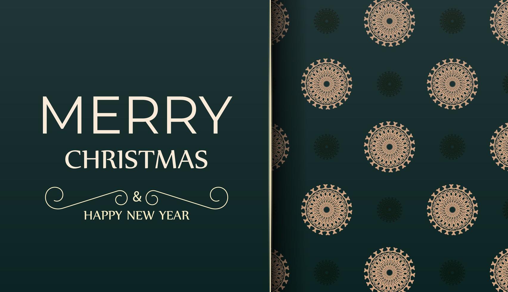 god jul och gott nytt år hälsning reklambladsmall i mörkgrön färg med vintage gult mönster vektor