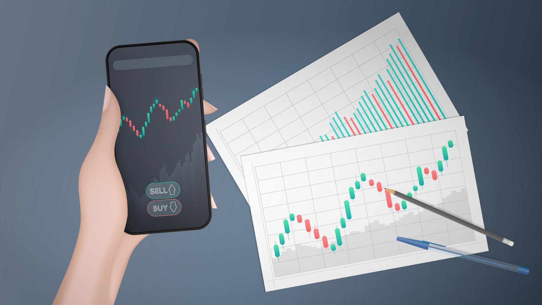 Eine Hand hält ein Telefon mit einem Wachstumsdiagramm. Rohlinge mit Geschäftsdiagrammen, Aufwärtstrend-Liniendiagramm, Histogramm und Bullenmarkt-Aktienzahlen. Vektor. vektor