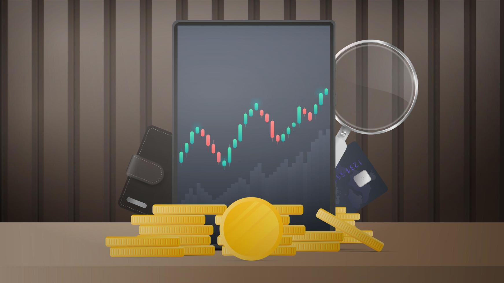surfplatta med visning av börskurser, guldmynt, bankkort, mynt och förstoringsglas. aktiemarknadsinvestering handelskoncept. vektor illustration.