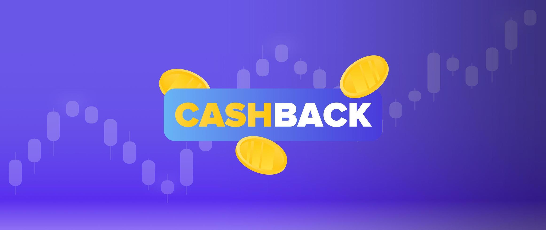 Cashback-Banner. Logo mit der Aufschrift Cashback und fliegenden Goldmünzen. Finanzdiagramm. Vektor-Illustration. vektor