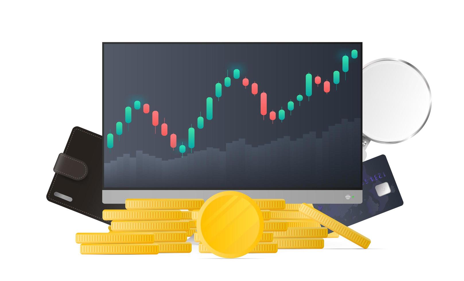 Monitor mit Anzeige von Börsenkursen, Goldmünzen, Bankkarte, Münze und Lupe. Handelskonzept für Börseninvestitionen. isoliert. Vektor-Illustration. vektor